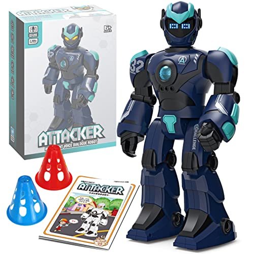 Aikmi RC Journal Sports Robot Toy for Kids 6 8 with Smart Remote Control Auto Demo Dance Music Story Poem and 10 Sports Cones Blue