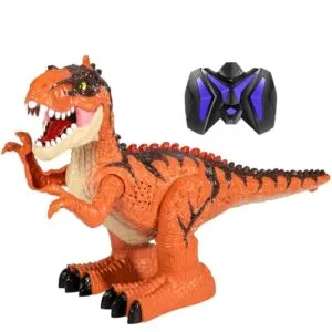 MAGICDINOSAUR RC Big Truck and Trailer Remote Control Dinosaur Toy with Spray Light Sound and Rechargeable Battery for Kids Ages 4 12