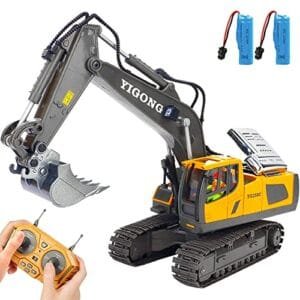 Mscredse 11 Channel 2.4Ghz Metal RC Construction Vehicles 1/20 Scale Remote Control Excavator Truck Toy with Alloy Shovel for Kids Boys Age 4 5 6 7 8 9 10 Years Old Yellow