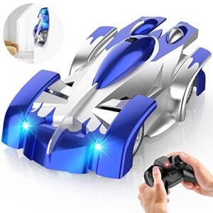Yucmed Wall Wheels RC Car 360 Rotating Dual Mode Remote Control Stunt Toy for Boys Age 3 and Up Rechargeable with LED Headlights Blue