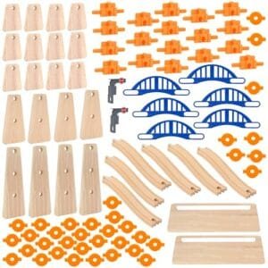 ORBRIUM 90 Pcs Ultimate Elevated Wooden Railway Construction Set with RC Cranes Construction Compatibility for Thomas Brio IKEA Imaginarium Melissa Doug