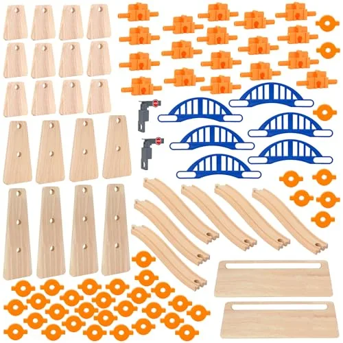 ORBRIUM 90 Pcs Ultimate Elevated Wooden Railway Construction Set with RC Cranes Construction Compatibility for Thomas Brio IKEA Imaginarium Melissa Doug