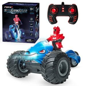 Force1 Shark Rider RC Motorcycle Leaning Rider Remote Control Car for Kids Rechargeable Fast Off Road Toy with LED Stunt 360 Spins Sit Stand Action Figure Rubber Tires 2.4 GHz Easy Remote