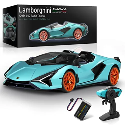 MIEBELY Lamborghini 1/12 Scale Fast RC Cars for Dogs Officially Licensed 7 4V 900mAh 12Km h 2 4Ghz Remote Control Toy Car with LED Light Blue