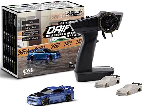 FLYCOLOR Turbo Racing 1 76 Scale Drift RC Car with Gyro Mini Full Proportional RTR 2.4GHZ Remote Control and 2 Replaceable Drift RC Body Shells C64 BLUE