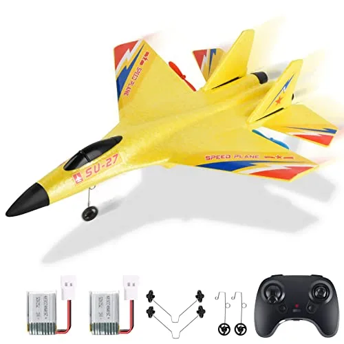 OUSEXI Yellow Aircraft RC Kits for Kids with Night Light 2.4 GHZ 2 Channels Remote Control Airplane Includes 2 Batteries