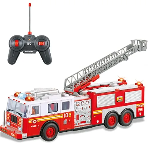 Liberty Imports Big RC Fire Truck 14 Inch Remote Control Toy with Flashing Lights Siren Sounds and Extendable Rescue Ladder