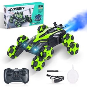 Goolsky 8 Wheels RC Stunt Car for Kids, 2.4GHz Remote Control Car, RC Drift Car with Spray and Light, 360° Flips Rotating, Swivel Arm, One-Click Demo for Boys and Girls (Green)