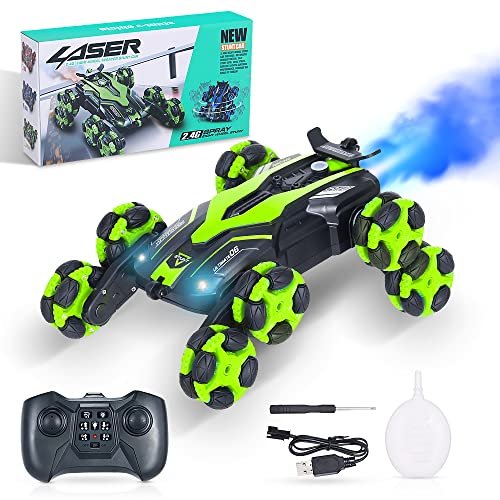 Goolsky 8 Wheels RC Stunt Car for Kids, 2.4GHz Remote Control Car, RC Drift Car with Spray and Light, 360° Flips Rotating, Swivel Arm, One-Click Demo for Boys and Girls (Green)