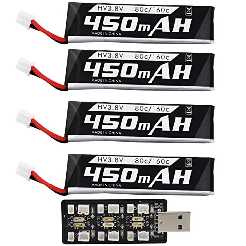 Blomiky 4 Pack 1S 3.8V 450mAh 80C Lipo Battery with PH2.0 Plug for Free RC Planes and Drones