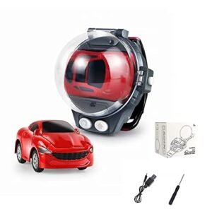Vintage RC Wheels Mini Remote Control Watch Alloy Car Toy 2.4 GHz 50m Long Distance USB Charging Cartoon RC Car Gift for Kids Red
