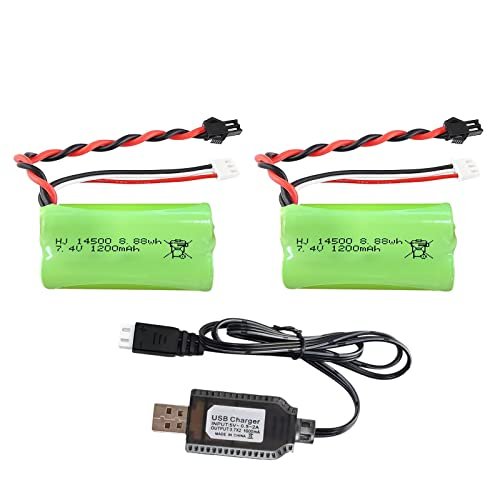 BTEDZSW 7.4V 1200mAh Li ion Rechargeable Battery 2 Pack with USB Chargers for RC Plane Gun and Gel Blaster Accessories