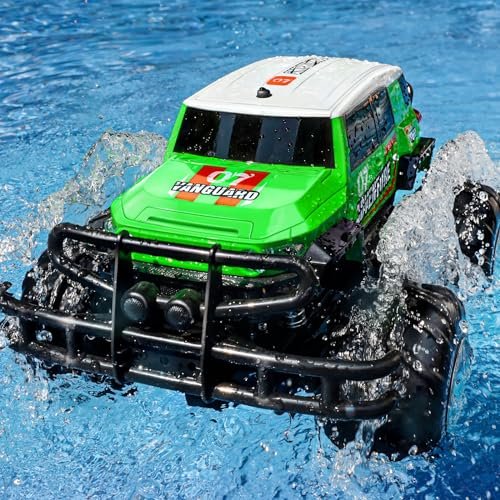 Ruko 1601AMP2 Amphibious Desert Monster RC Car 1/10 Scale IPX6 Waterproof Remote Control Truck with Lights for All Terrain 2 Rechargeable Batteries Green