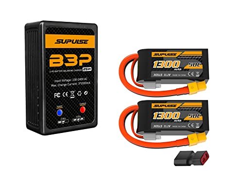 SUPULSE Lipo Charger 2X Faster Quick Charge 25W 2S-3S 7.4-11.1V Fast Charger with11.1V 3S Lipo Battery 50C 1300mAh Soft Case Battery with T Plug and XT60
