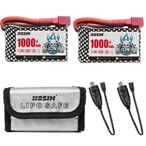 Hosim 2 7.4V 1000mAh 25C T Connector Li ion Rechargeable Battery Pack with 2 2ASUB Charger and 1 Battery Bag for Brushless Car Q901 Q903 Q905 16889 Accessory Supplies