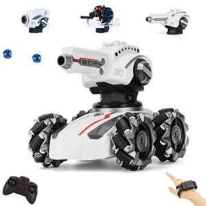Donlhub 3in1 RC Car Tank Kids Stunt Shooting Water Bomb Remote Gesture Control Car Blow Bubble Shoot Foam 360 Rotating LEDs Music Toy Gifts for Boys Girls Ages 6 7 8 9 10 11 12 Years Old