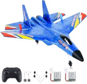 OUSEXI Blue RC Airplane with Foam Wings 2.4 GHZ 2 Channels Remote Control Aircraft for Beginners Includes 2 Batteries and Night Light