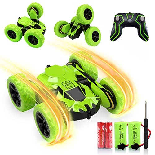 AEROQUEST Huge RC Plane Crash Stunt Remote Control Car 4WD 2.4Ghz Double Sided 360° Rotating with Headlights for Kids Ages 6+ Green