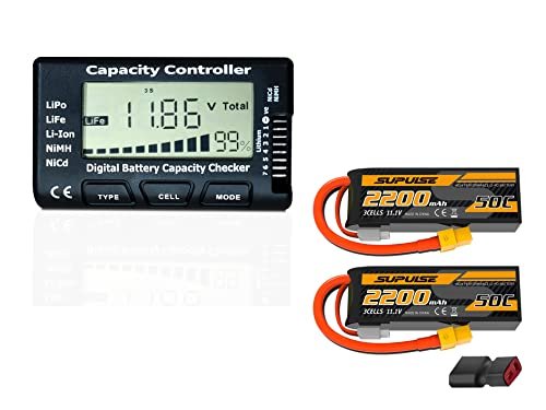 SUPULSE 2PCS 11.1V 3S 2200mAh 50C Lipo Battery XT60 Plug Digital Battery Capacity Checker