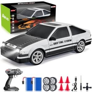 RC Drift Tires for Polished Concrete 1/16 Scale 4WD Remote Control Car with LED Lights 2.4GHz High Speed Racing Toy for Adults and Kids Includes 2 Rechargeable Batteries