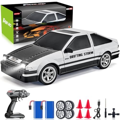 RC Drift Tires for Polished Concrete 1/16 Scale 4WD Remote Control Car with LED Lights 2.4GHz High Speed Racing Toy for Adults and Kids Includes 2 Rechargeable Batteries