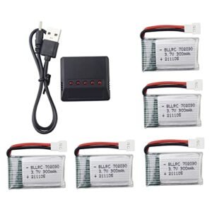5PCS 3.7V 300mAh Lithium Battery with 5 in 1 Charger for RC Harrier Jet Turbine Drones Syma X11 X11C WLToys V911S