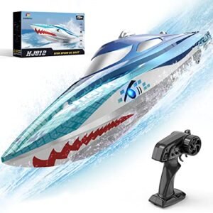 DEERC RC Racing Speed Boat with LED Lights Shark Design 20 MPH High Speed 2.4GHz Remote Control for Pools and Lakes
