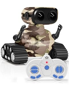 WeWi HLTH Transforming RC Robots Rechargeable Remote Control Robot Toys for Kids with Music LED Eyes and 360° Rotation Camo Yellow