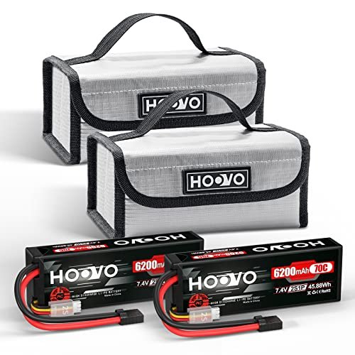 HOOVO 7.4V 70C 6200mAh 2S Lipo Battery Hard Case with Tracxas Plug and Fireproof Lipo Safe Bag 2 Pack