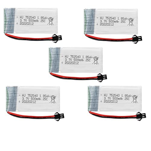 OooSure 5 Pack 3.7V 500mAh 25C 752540 Rechargeable Lithium Batteries with XH2.54 Connector for RC Drones Toys and Remote Control Vehicles