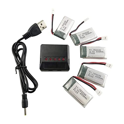 5PCS 3.7V 400mAh Lithium Battery with 5in1 Charger Compatible with H99W JJRC H31 H6C H98 Quadcopter Drones