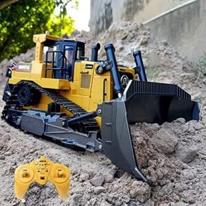 QIYHBVR Remote Control Bulldozer 1/16 RC Front Loader Tractor Toy 2.4Ghz RC Construction Vehicles RC Dozer Toys for Boys Adults, 9 Channel Track Dozer Cars with Light & Sound for Kids