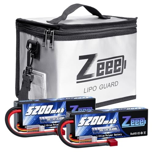 Zeee 2S Lipo Battery 5200mAh 7.4V 50C Hard Case with T Connector and Fireproof Safe Bag 2 Pack