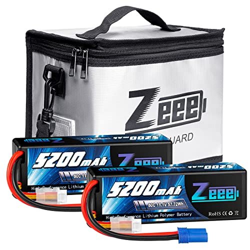 Zeee 3S Lipo Battery 5200mAh 11.1V 80C Hard Case with EC5 Connector and Fireproof Safe Bag 2 Pack