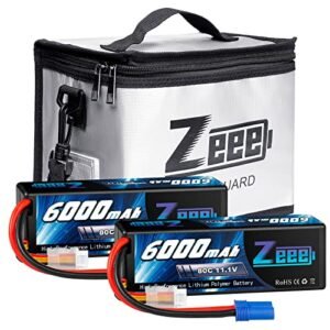 Zeee 3S Lipo Battery 6000mAh 11.1V 80C Hard Case Battery EC5 Connector 2 Pack Batteries with 1 Pcs Lipo Safe Bag Fireproof Explosionproof Bag for Storage Charging