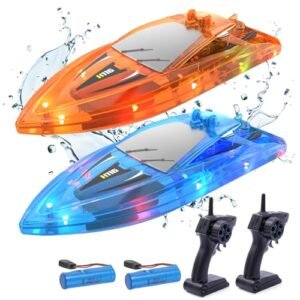YEETFTC 2Pack LED Light Remote Control Boat RC Body with Light Buckets for Kids Rechargeable Battery Waterproof Pool Lake Bathtub Toy Gift