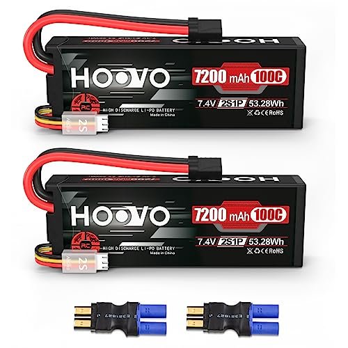 HOOVO 2S Lipo Battery 7.4V 7200mAh 100C Best RC Car Battery Pack Hard Case with TR Plug for 1/8 and 1/10 RC Truck Vehicles Car Truggy Buggy Racing Models 2 Pack