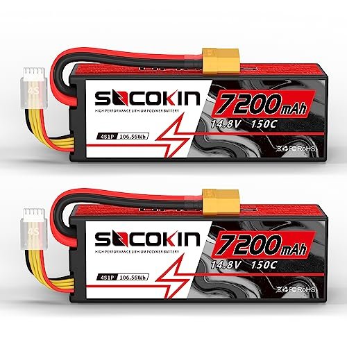 Socokin 4S Lipo Battery 14.8V 7200mAh 150C with XT90 Plug for Thunder Tiger RC Helicopter and RC Models 2 Pack