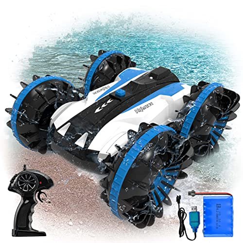 ALPHAREV Build Your Own RC Car Myrtle Beach Amphibious Remote Control Stunt Car 2.4 GHz 4WD Waterproof Rotate 360° Offroad All Terrain Toy for Kids 8 12 Boys Girls Blue
