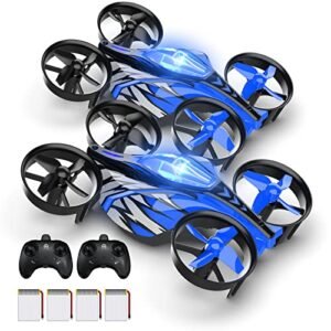 UNTEI 2 In 1 Mini Drones for Kids - Remote Control Drone with Land & Fly Modes, LED Lights, Auto Hovering, 3D Flip, Headless Mode and 4 Batteries - Toys Gifts for Boys & Girls (Blue & Blue 2Pack)