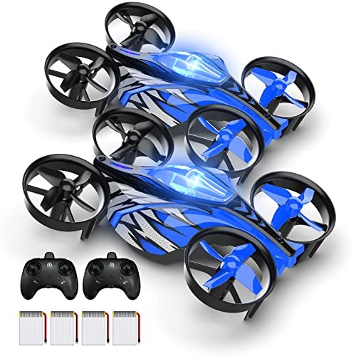 UNTEI 2 In 1 Mini Drones for Kids Remote Control Drone with Land Fly Modes LED Lights Auto Hovering 3D Flip Headless Mode and 4 Batteries Toys Gifts for Boys Girls Blue Blue 2Pack
