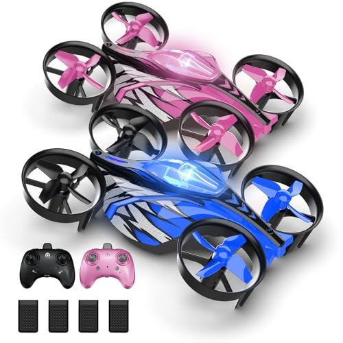UNTEI 2 In 1 Mini Drones for Kids Remote Control Drone with Land Mode Fly Mode LED Lights Auto Hovering 3D Flip Headless Mode and 4 Batteries Toys Gifts for Boys Girls Blue Harbor Pink 2Pack