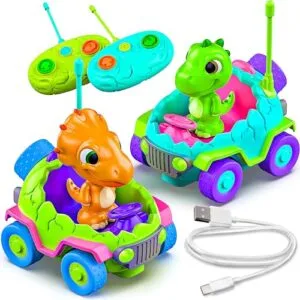 MindSprout Dino Chasers Set of 2 Rechargeable RC Car Dino Toys for Toddlers Kids Age 2 3 4 5 Boys Girls Birthday Gift with LED Lights Music Batteries Included