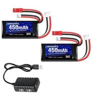 URGENEX 7.4V Lipo 2S 30C 450mAh Rechargeable Battery with JST PH2.0 Plug for 1/24 Scale RC Truck and More