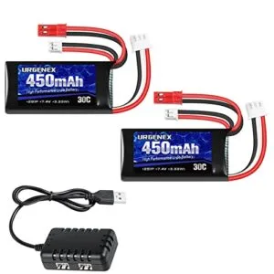 URGENEX 7.4V Lipo 2S 30C 450mAh Rechargeable Battery with JST PH2.0 Plug for 1/24 Scale RC Truck and More
