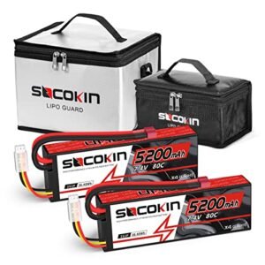 SOCOKIN 2S Lipo Battery 5200mAh 7.4V 80C Hard Case Battery Deans Plug for RC Evader BX Car RC Buggy RC Boat with 2 Pack Lipo Safe Bag Fireproof Explosionproof Large Capacity Bag for Charge and Storage