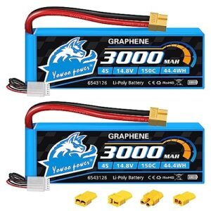 Yowoo 2 Packs 4S Lipo Battery 3000mAh 150C 14.8V Soft Case Graphene Battery with XT60 Plug for E-flite EDF RC Airplane Helicopter RC Boat UAV Drone FPV RC Car Truck Boat (EC3 / T/TR/Tamiya)