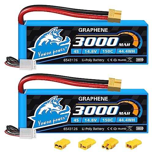 Yowoo 2 Packs 4S Lipo Battery 3000mAh 150C 14.8V Soft Case Graphene Battery with XT60 Plug for E-flite EDF RC Airplane Helicopter RC Boat UAV Drone FPV RC Car Truck Boat (EC3 / T/TR/Tamiya)