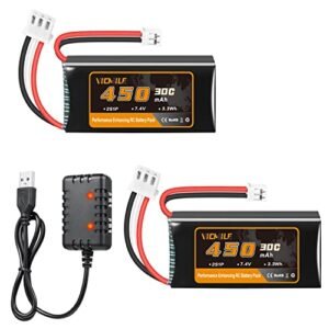 VICMILE 7.4V 450mAh 2S 30C Lipo Battery with PH2.0 Plug for Small RC Trucks and Most 1/10 1/16 1/18 1/24 Scale RC Cars Includes 1to2 USB Charger
