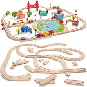 Tiny Land 110pcs Wooden Train Set Bundle with 52 Pcs Train Track Expansion Pack for Kids